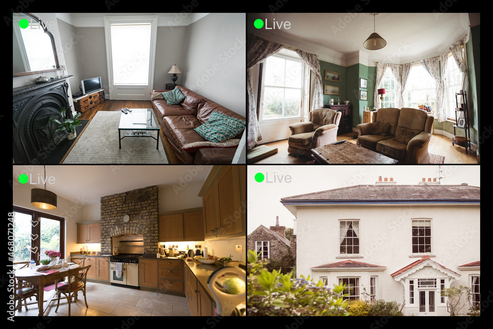 Composition of four security camera screens with live text, house and house interiors