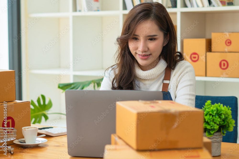 创业小企业企业家中小企业自由职业者，在家办公的年轻女性肖像，在线