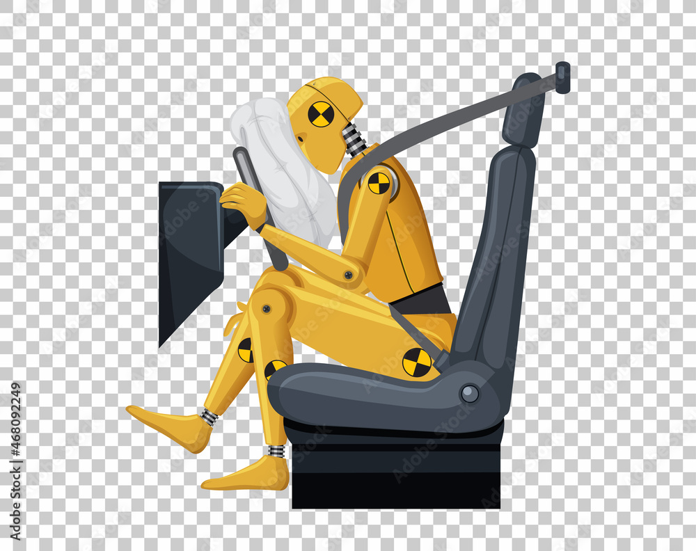 Crash test dummy in a car seat on grid background