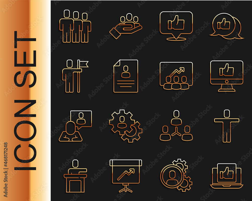 Set line Hand like, Head hunting, Resume, Team leader, Users group and Project team base icon. Vecto