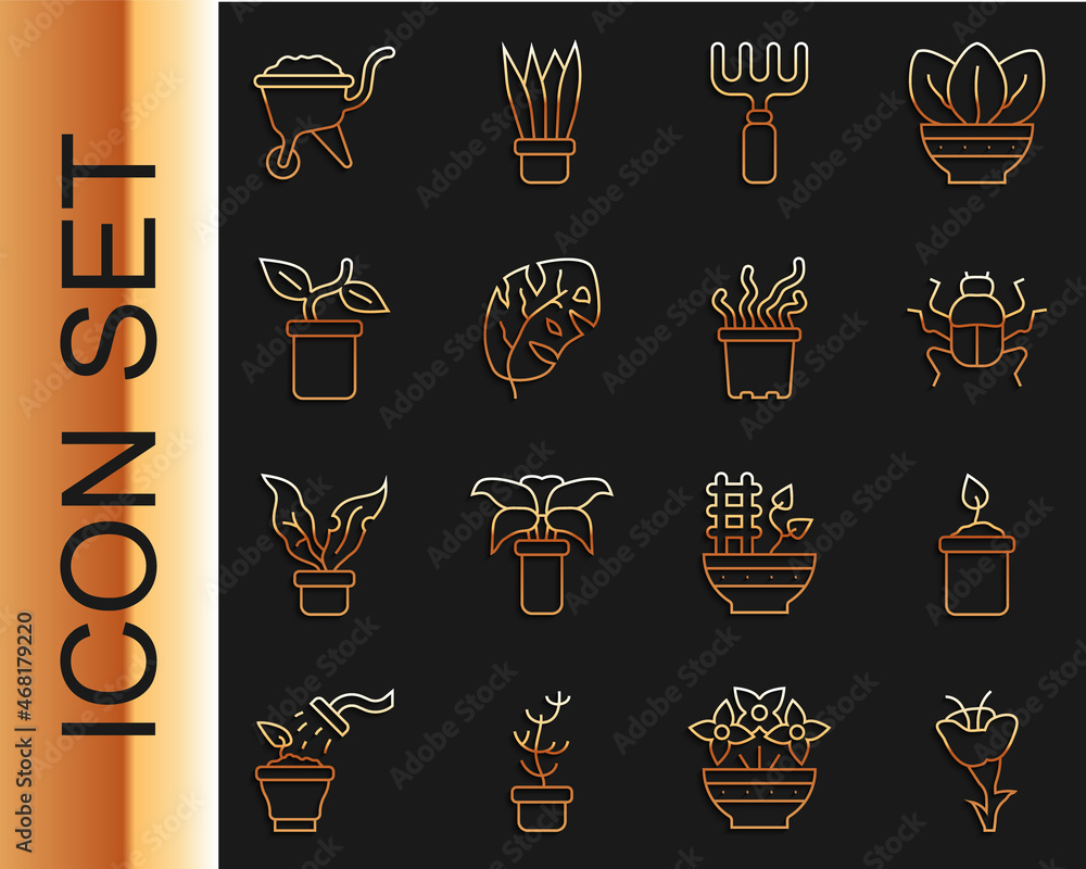 Set line Flower, Sprout in bottle, Beetle bug, Garden rake, Tropical leaves, Plant pot, Wheelbarrow 