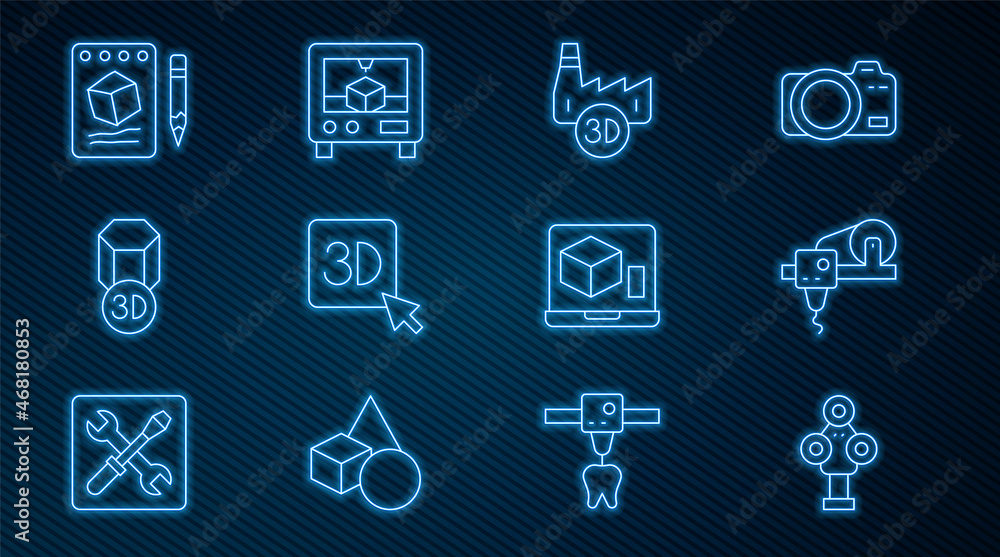 设置线3D扫描仪、打印机、印刷厂行业、纸上草图和图标。矢量