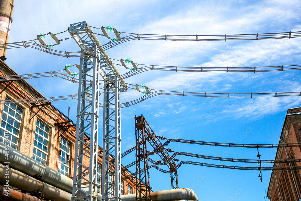 high-voltage substation on blue sky background