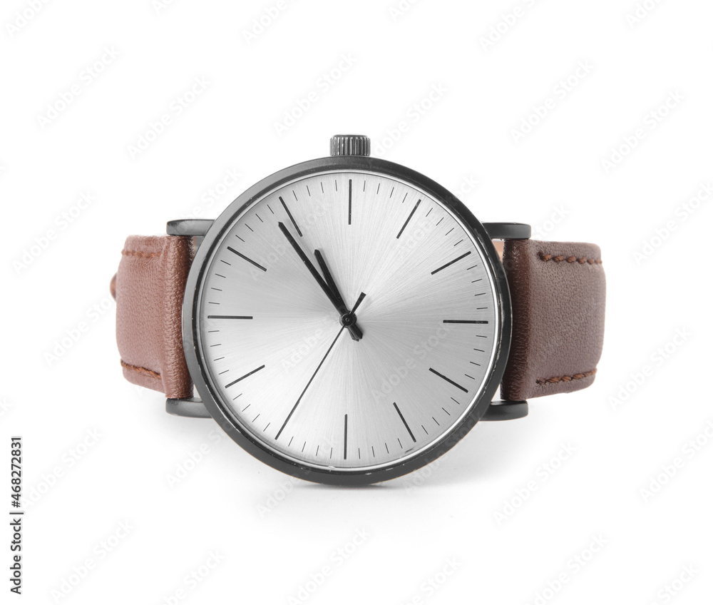 Stylish male wrist watch on white background