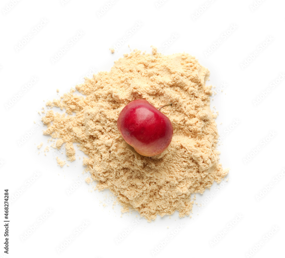 Whey protein powder and apple on white background