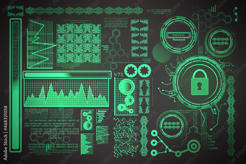 Abstract green digital business interface on dark background. Communication, hud, science and future