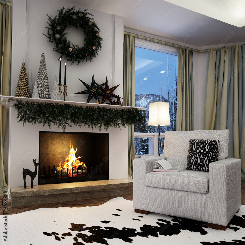 New year tree in scandinavian style interior with christmas decoration and fireplace	