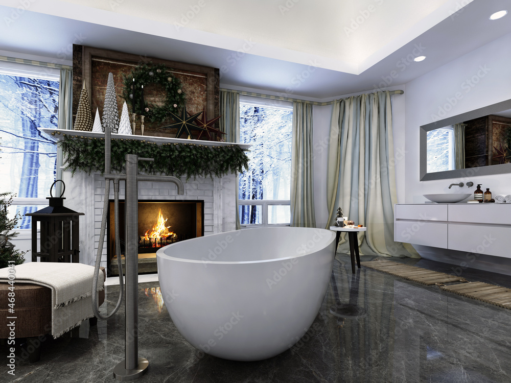 Bathroom interior with christmas decoration and fireplace