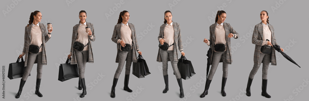 Set of stylish young woman in autumn clothes on grey background