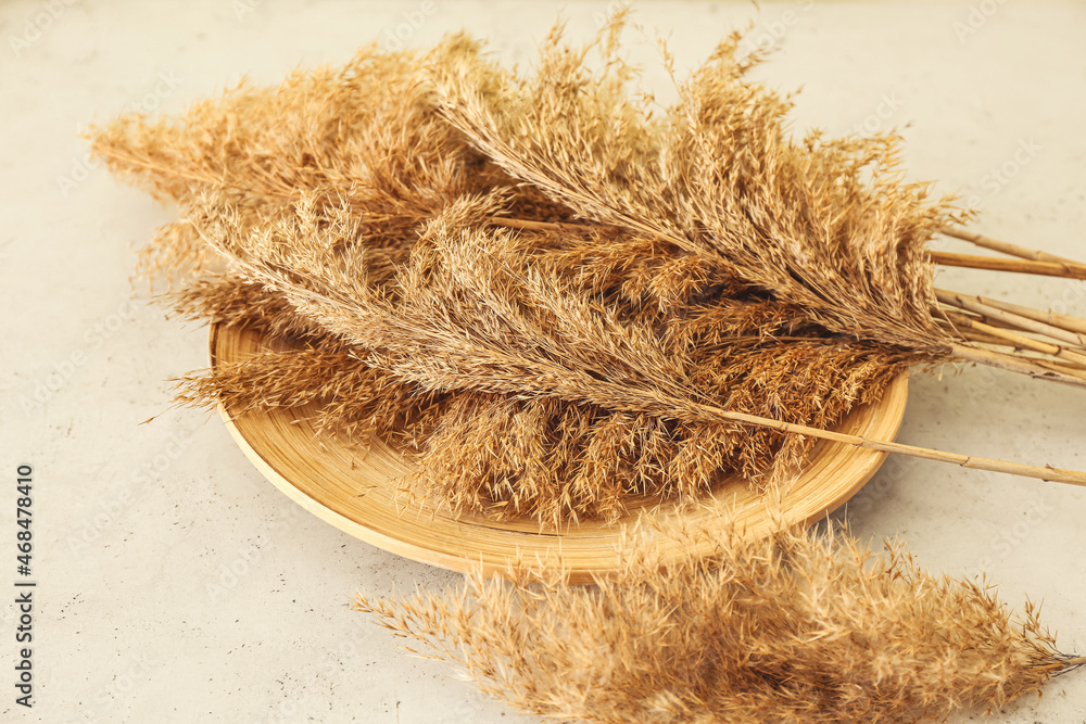 Dry common reeds and wooden plate on table