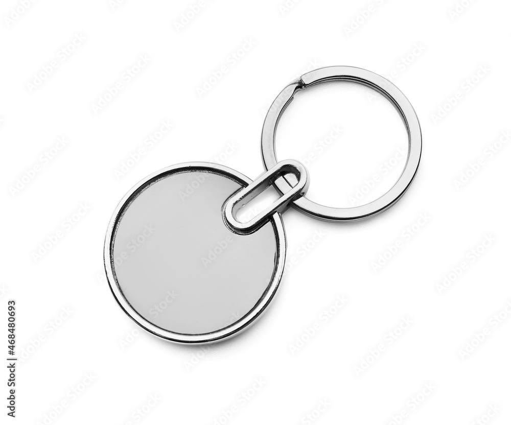 Stylish round keychain on white background