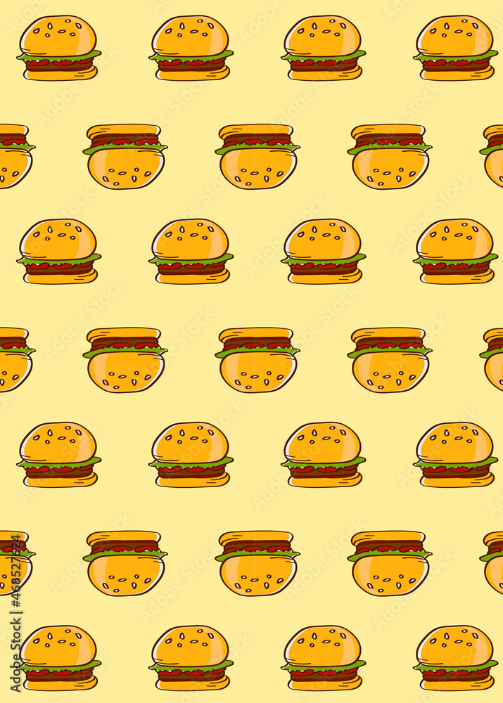 Hamburger doodle seamless patterned yellow background vector