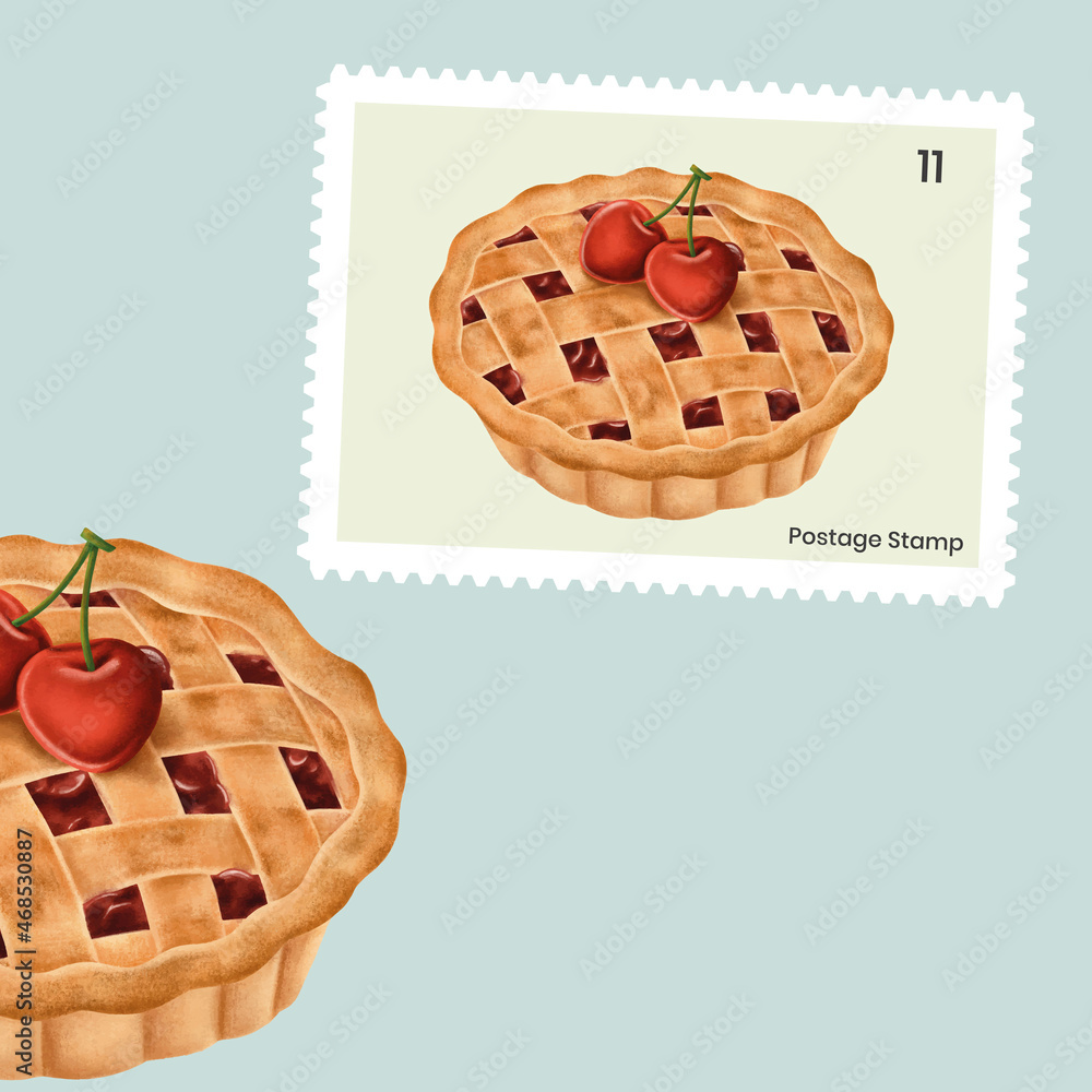 Cute cherry pie on a postage stamp vector