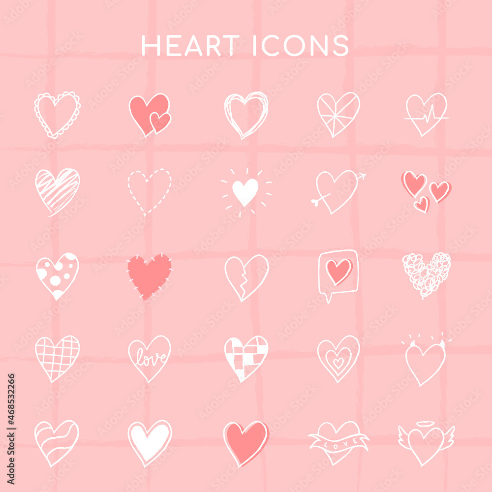 Heart icons, pink set vector in hand-drawn doodle style