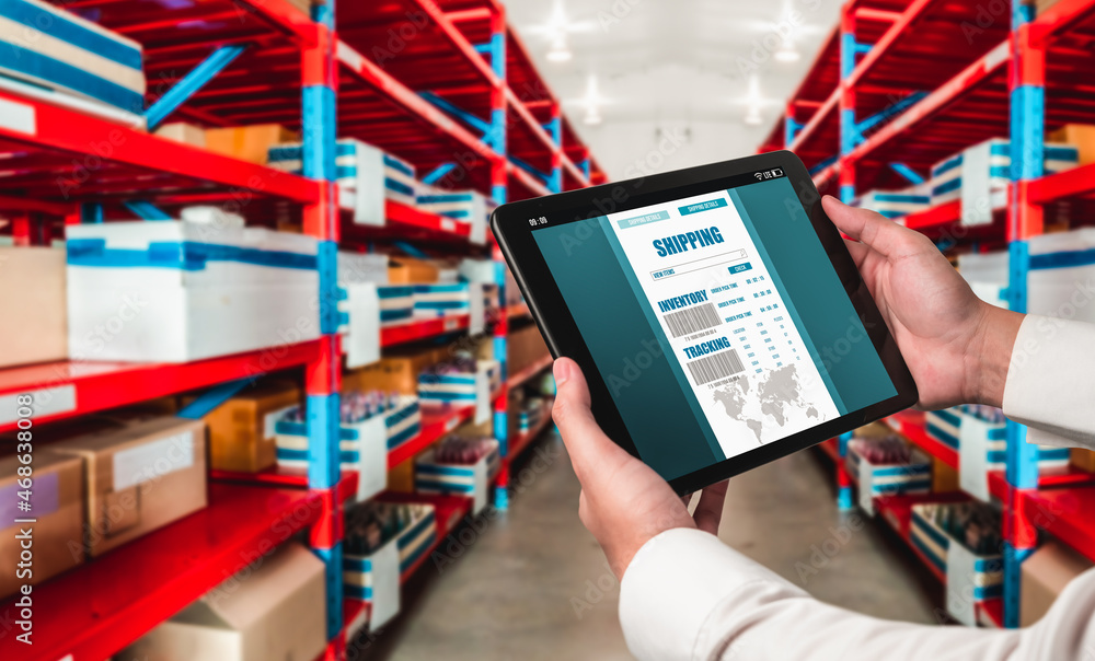 Warehouse management innovative software in computer for real time monitoring of goods package deliv