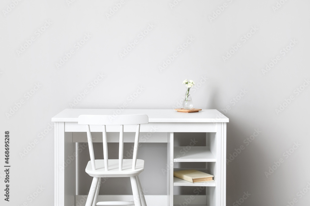 Comfortable workplace near white wall