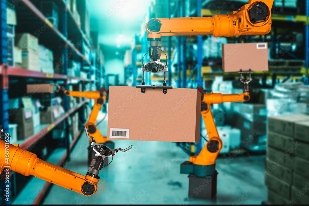 Smart robot arm system for innovative warehouse and factory digital technology . Automation manufact