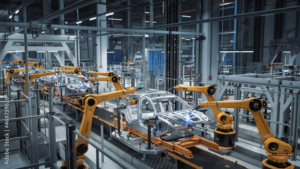 Car Factory 3D Concept: Automated Robot Arm Assembly Line Manufacturing High-Tech Green Energy Elect