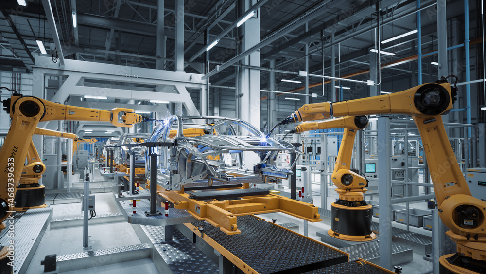 Car Factory 3D Concept: Automated Robot Arm Assembly Line Manufacturing High-Tech Green Energy Elect