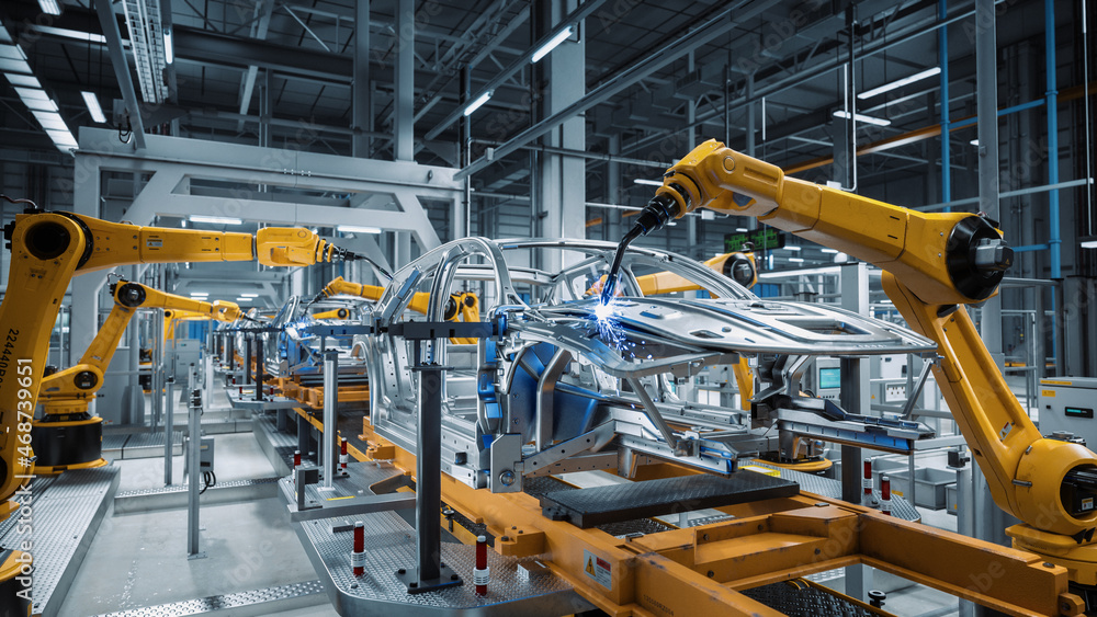 Car Factory 3D Concept: Automated Robot Arm Assembly Line Manufacturing High-Tech Green Energy Elect