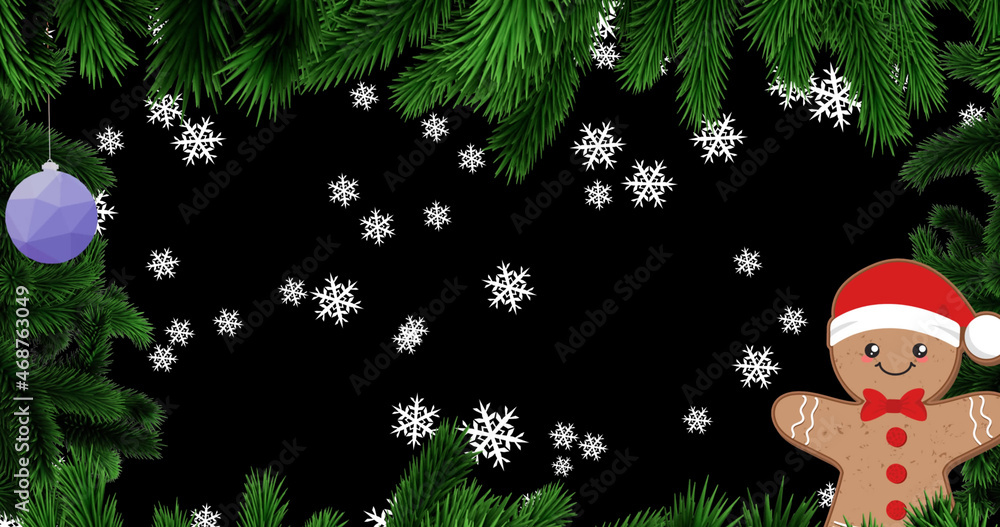 Image of christmas fir tree frame over snow and snowman on black background