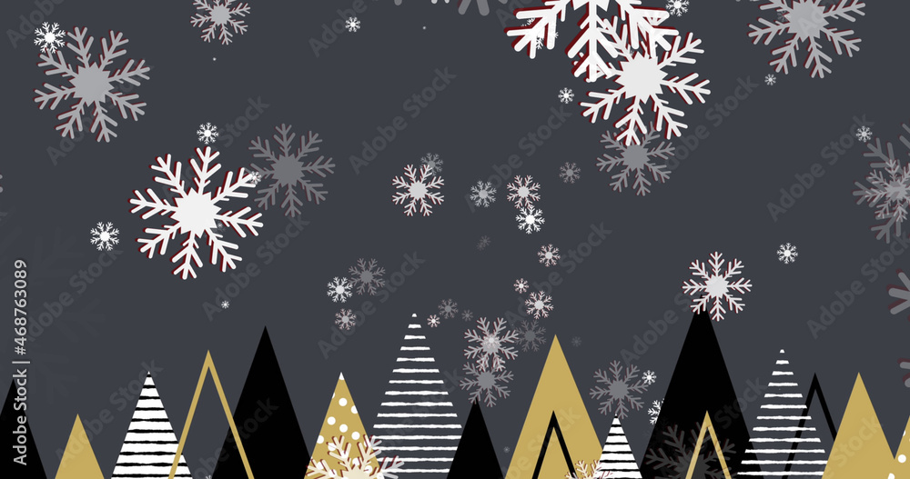 Image of snowflakes falling over christmas trees on dark grey background