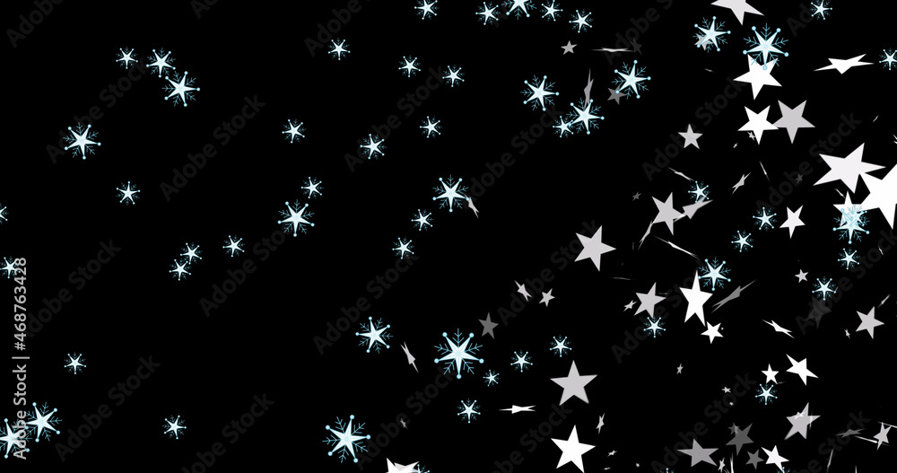 Image of christmas stars and snowflakes falling over black background