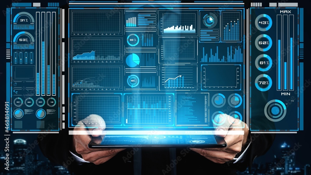 Business intelligence technology and big data analytic mixed media showing concept of futuristic inf