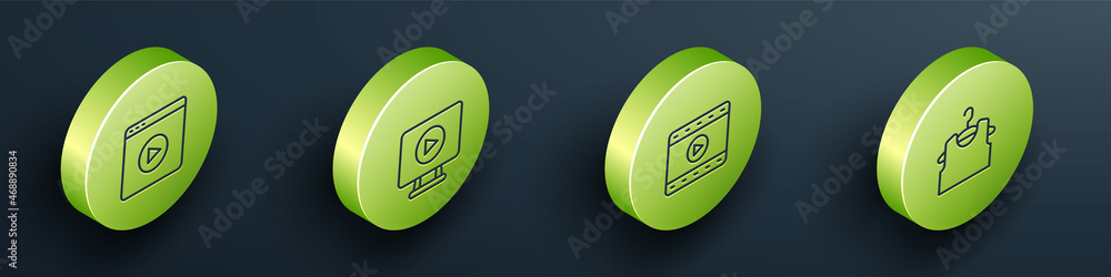 Set Isometric line Online play video, , Play Video and Sleeveless T-shirt icon. Vector