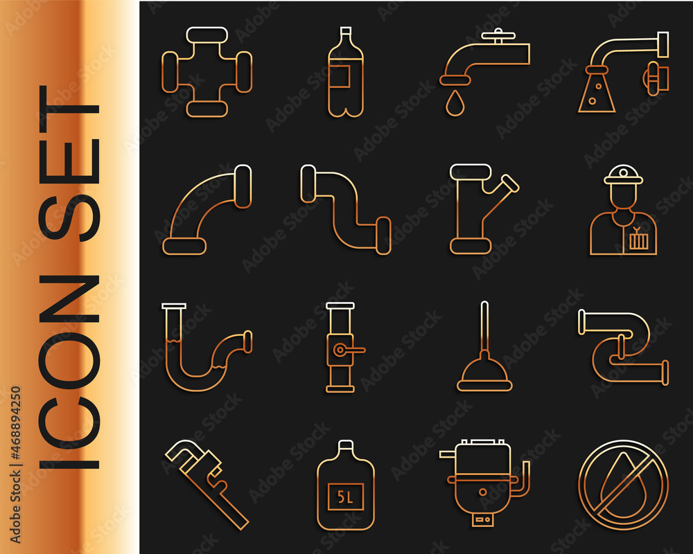 设置禁止水滴、工业金属管、水管、水龙头和图标。矢量