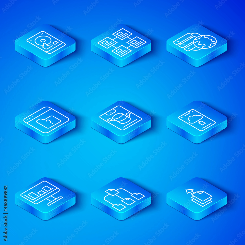 Set line Monitor with graph chart, Server, Data, Web Hosting, Folder tree, Cloud technology data tra