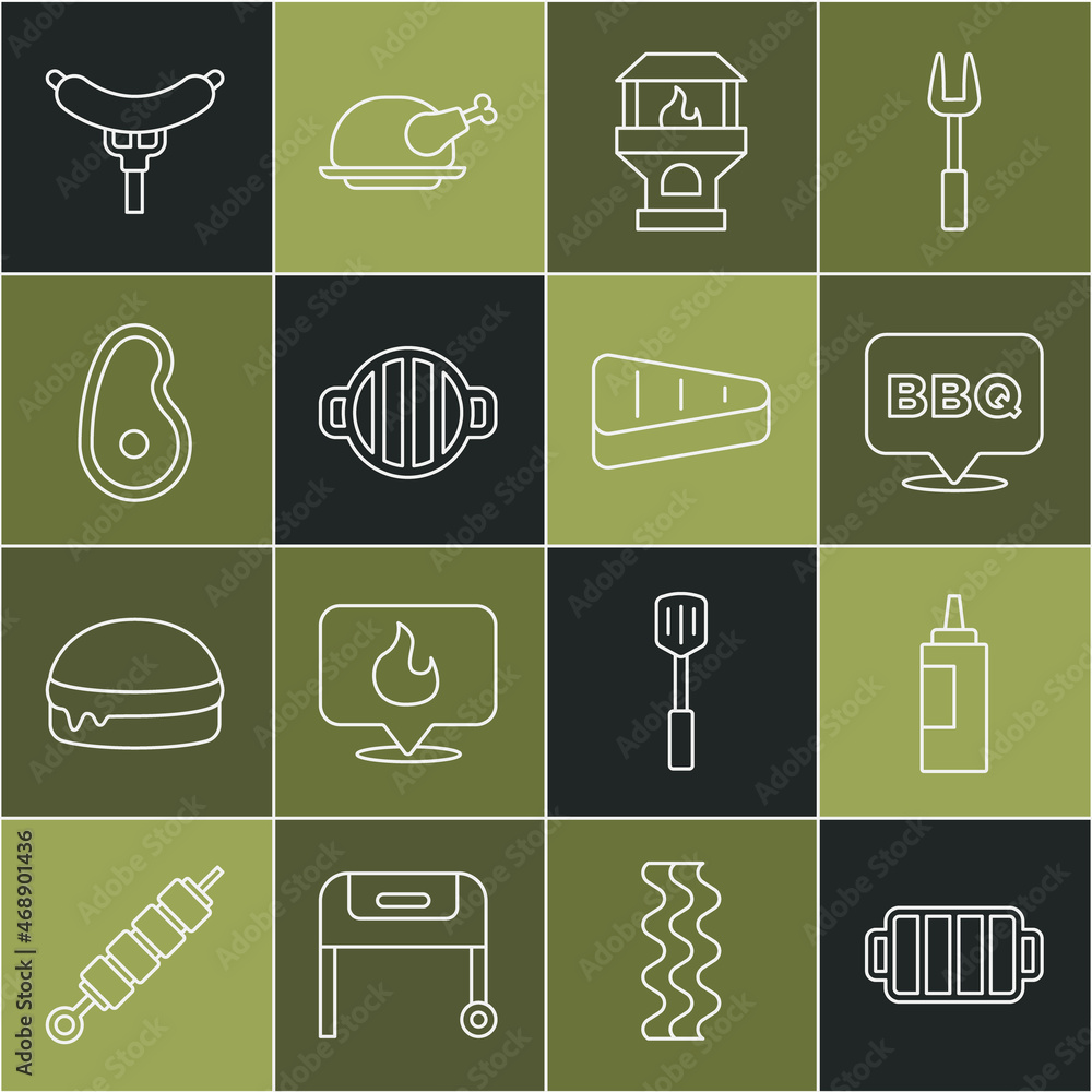 Set line Barbecue grill, Sauce bottle, Brick stove, Steak meat, Sausage on the fork and icon. Vector