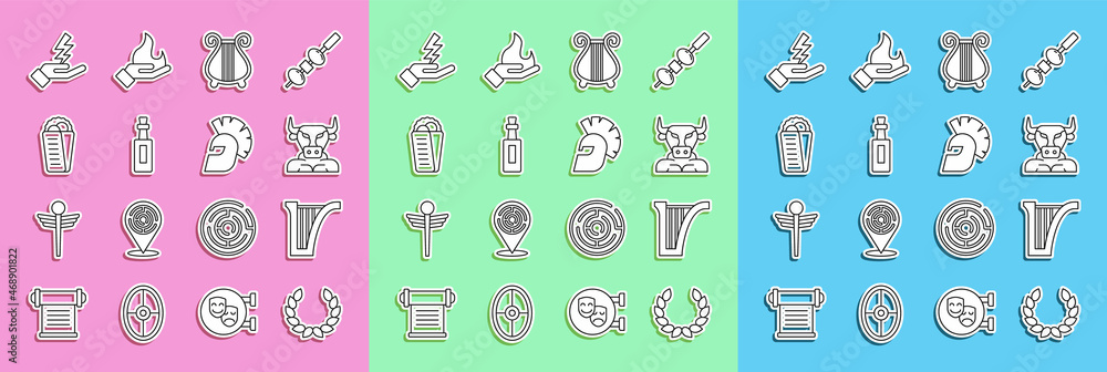 Set line Laurel wreath, Harp, Minotaur, Ancient lyre, Bottle of olive oil, Gyros Pita Greek, Zeus an