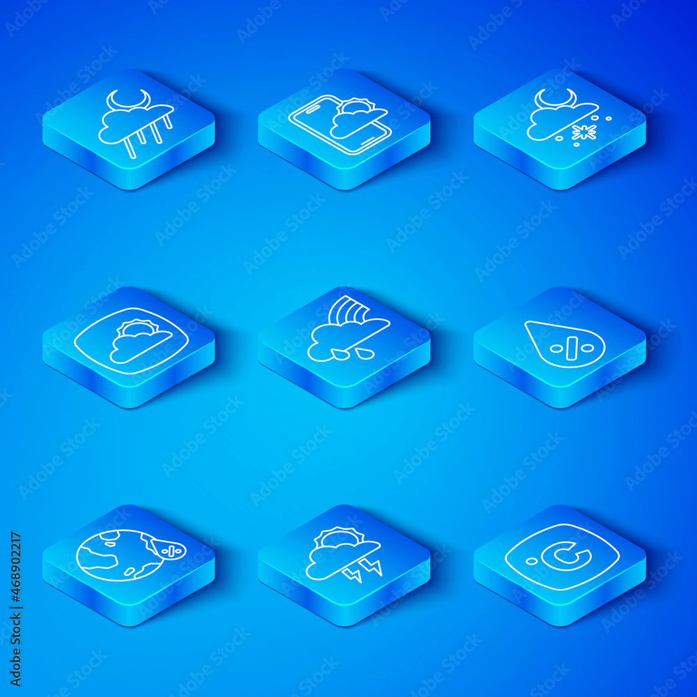 Set line Water drop percentage, Rainbow with cloud and rain, Storm, Cloud snow sun, Weather forecast