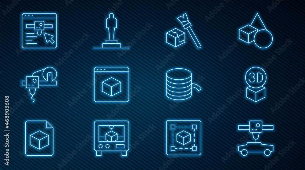 Set line 3D printer car, Isometric cube, setting, Filament for and model icon. Vector