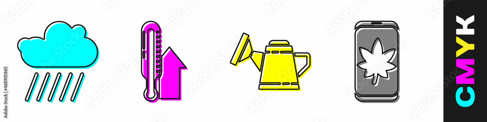 在手机图标上设置带雨的云、气象温度计、水桶和树叶。矢量
