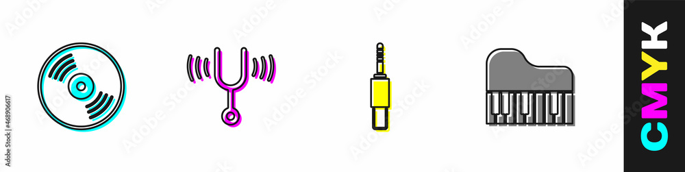 设置乙烯基唱片、音乐音叉、音频插孔和大钢琴图标。矢量