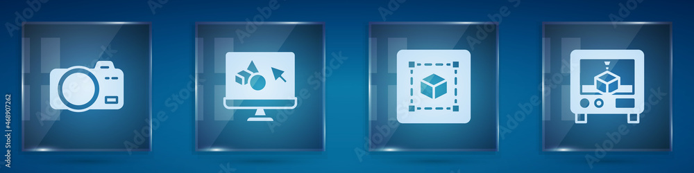 设置照片相机、3D打印机软件、几何图形立方体和正方形玻璃面板。矢量