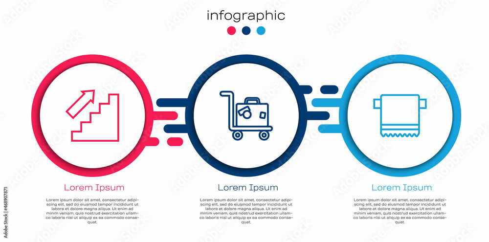 将楼梯、手提箱和毛巾挂在衣架上。商业信息图模板。Vector
