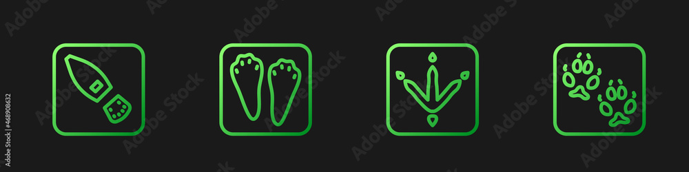 Set line Chicken paw footprint, Human footprints shoes, Rabbit and hare and Fox. Gradient color icon