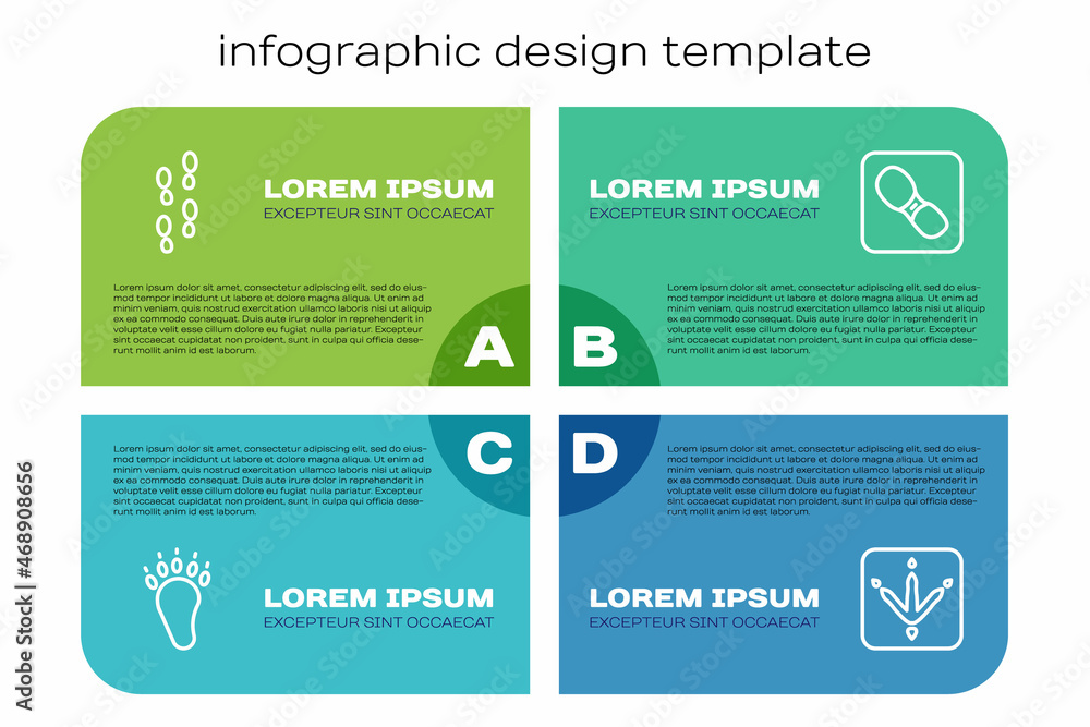 设置线熊掌足迹，人类足迹鞋，鸡肉和。商业信息图形模板。Ve