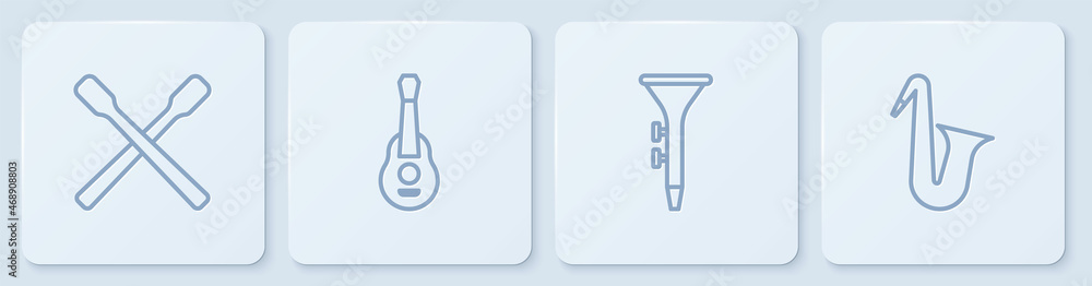 设置线鼓槌、鼓、吉他和乐器萨克斯管。白色方形按钮。矢量