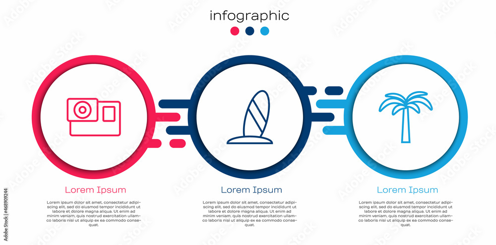 设置线动作相机，冲浪板和热带棕榈树。商业信息图模板。矢量