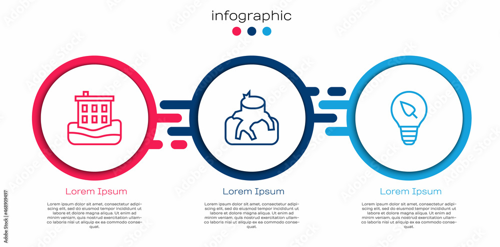 设置房屋洪水、森林砍伐和带叶子的灯泡。商业信息图模板。矢量