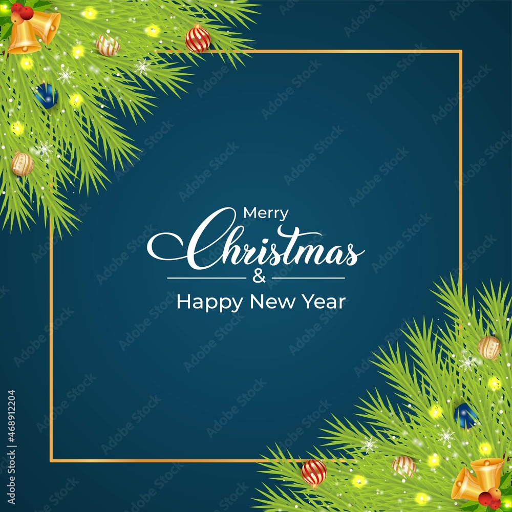 Christmas dark blue background design with luxurious red, blue, and golden decoration balls and pine