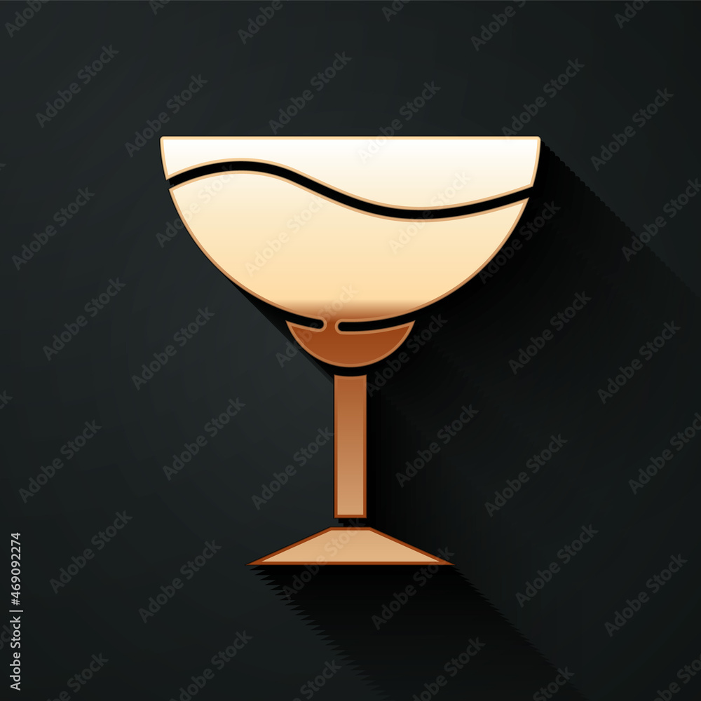 Gold Wine glass icon isolated on black background. Wineglass sign. Long shadow style. Vector