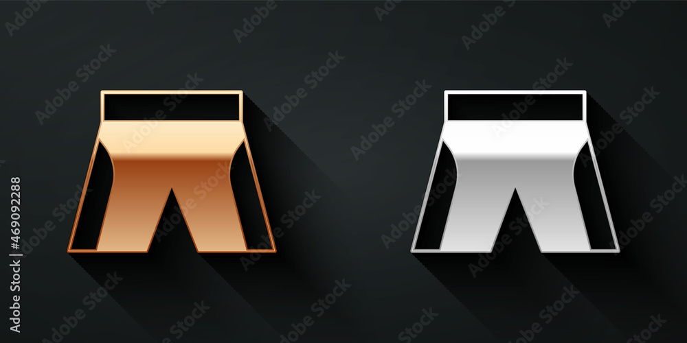 Gold and silver Short or pants icon isolated on black background. Long shadow style. Vector