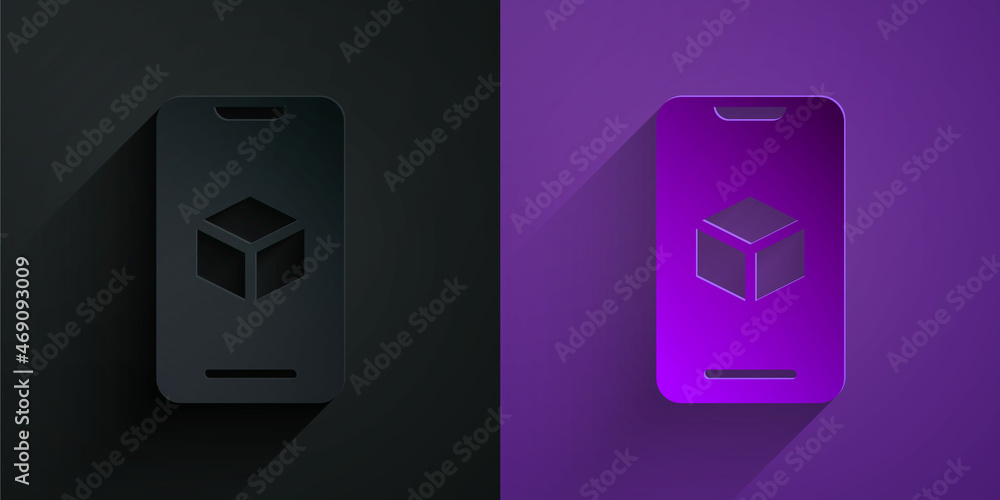 Paper cut 3D printer software icon isolated on black on purple background. 3d printing. Paper art st