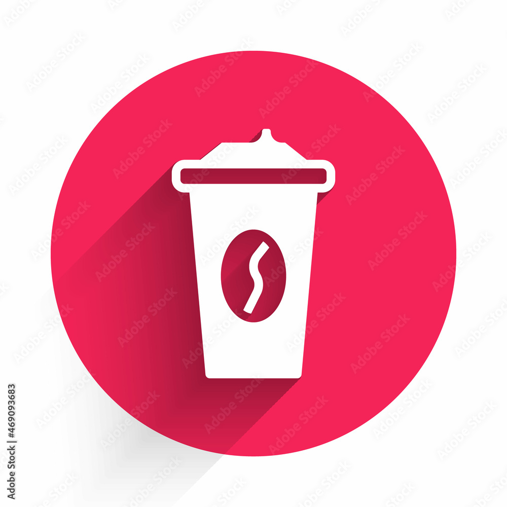 White Coffee cup to go icon isolated with long shadow background. Red circle button. Vector