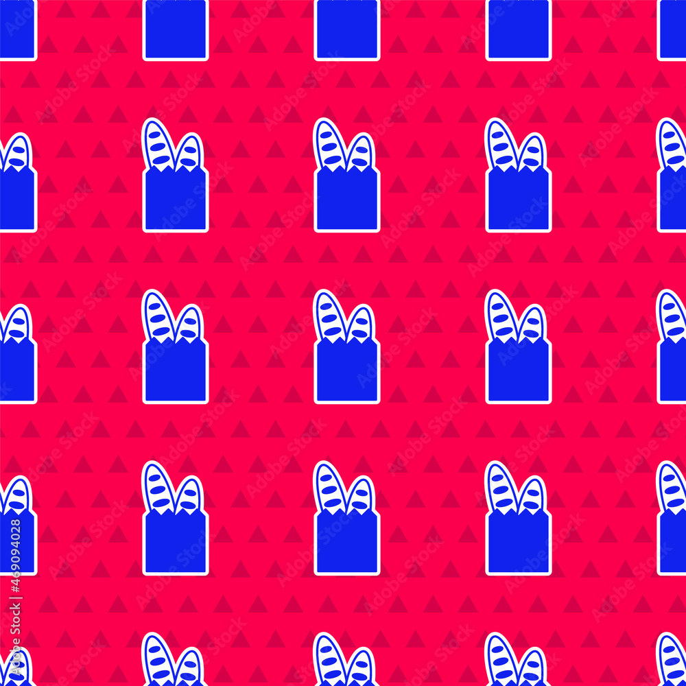 Blue French baguette bread icon isolated seamless pattern on red background. Vector